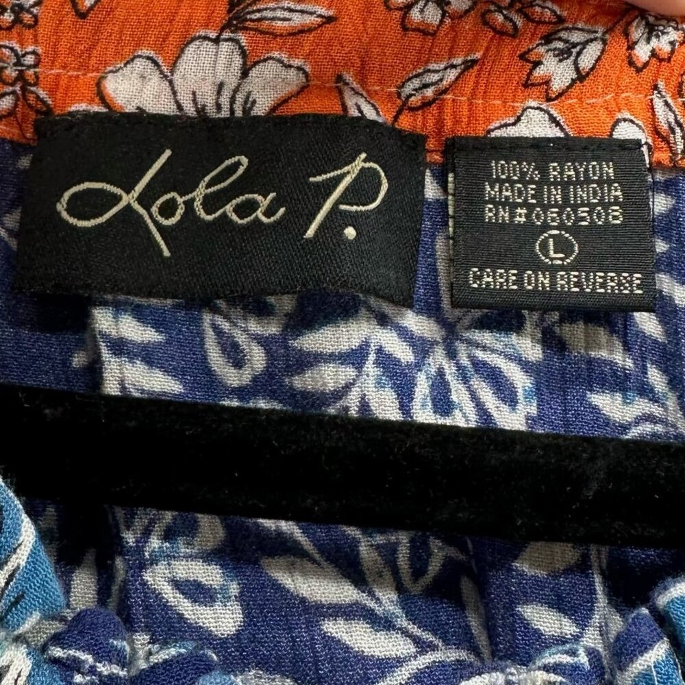 Lola P. Top Size L Peasant Boho Floral Blouse Shirred Tasseled Slit Sleeve Blue - Picture 7 of 10